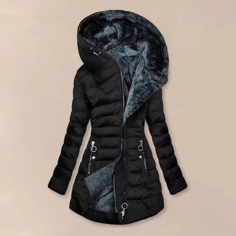 Long Sleeve Coat Solid Women's Winter Jacket with Plush Lining Hooded Outerwear