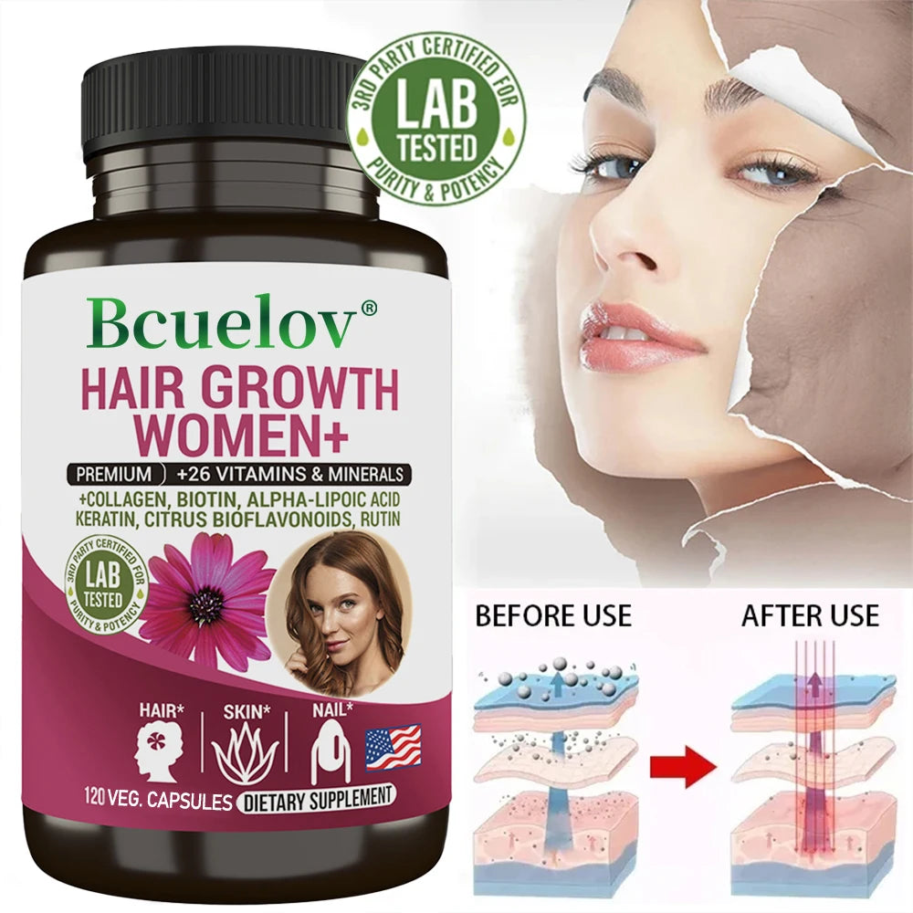 Women's Hair Supplement - Contains multivitamins, collagen, biotin, supports healthy hair, skin and nails,