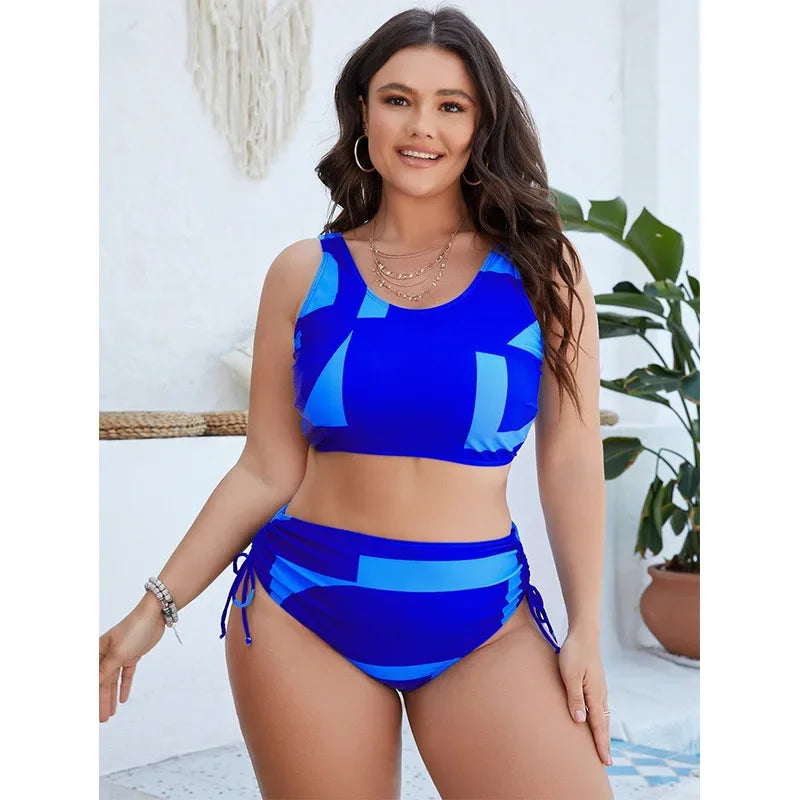 Color Blocked Plus Size Split Swimsuit for Women, Sexy Bikini,