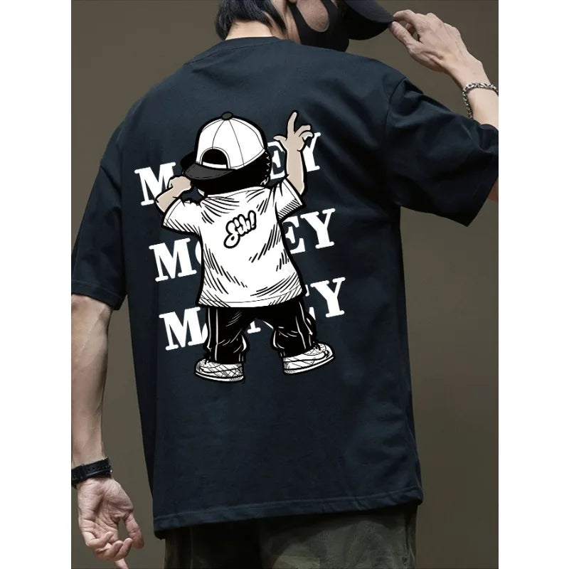 American heavyweight pure cotton short sleeved T-shirt for men 2024 trend loose American printed casual versatile top