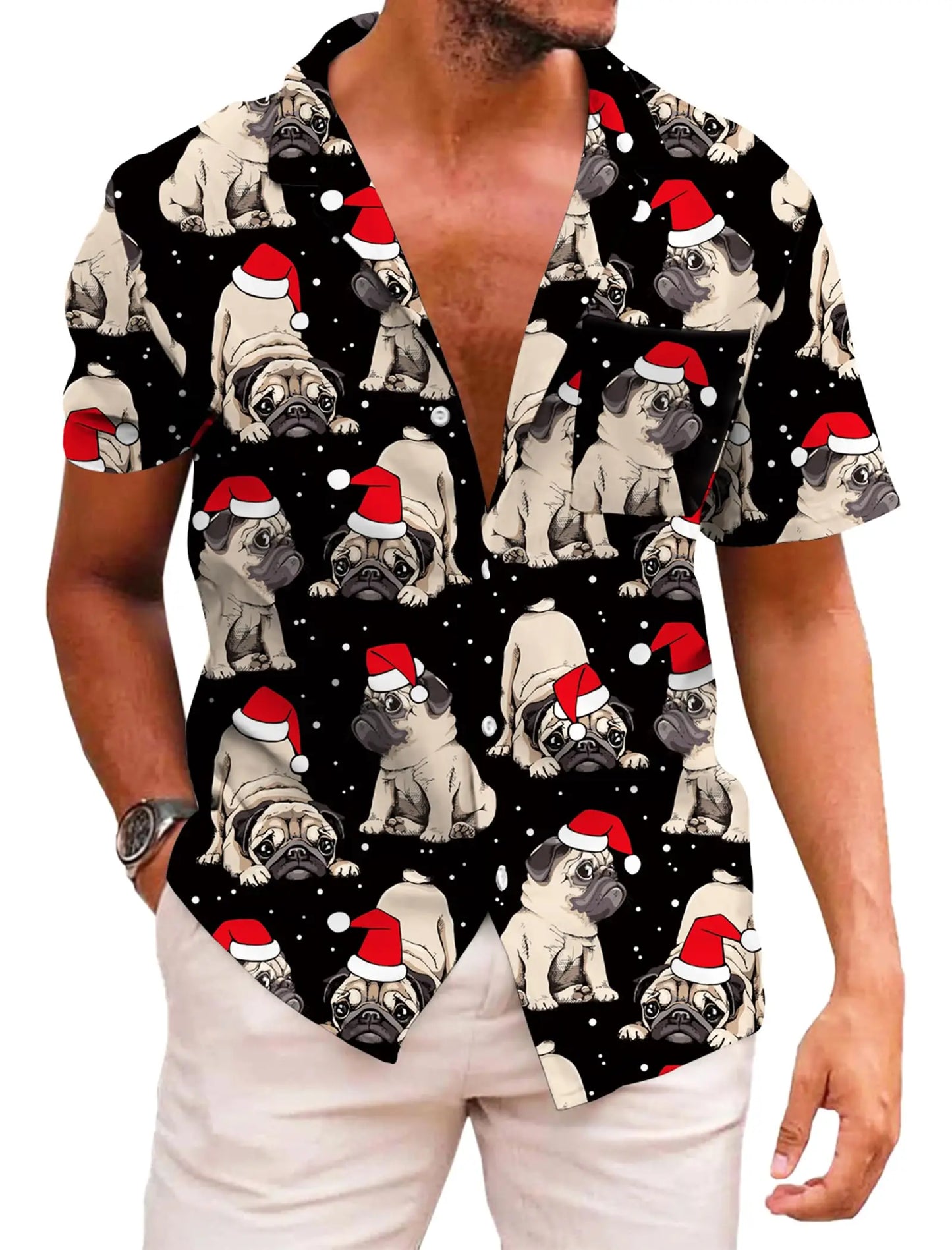 Hawaiian Shirts for Men Santa Claus Party Casual Button Down Short Sleeve Shirt with Pocket