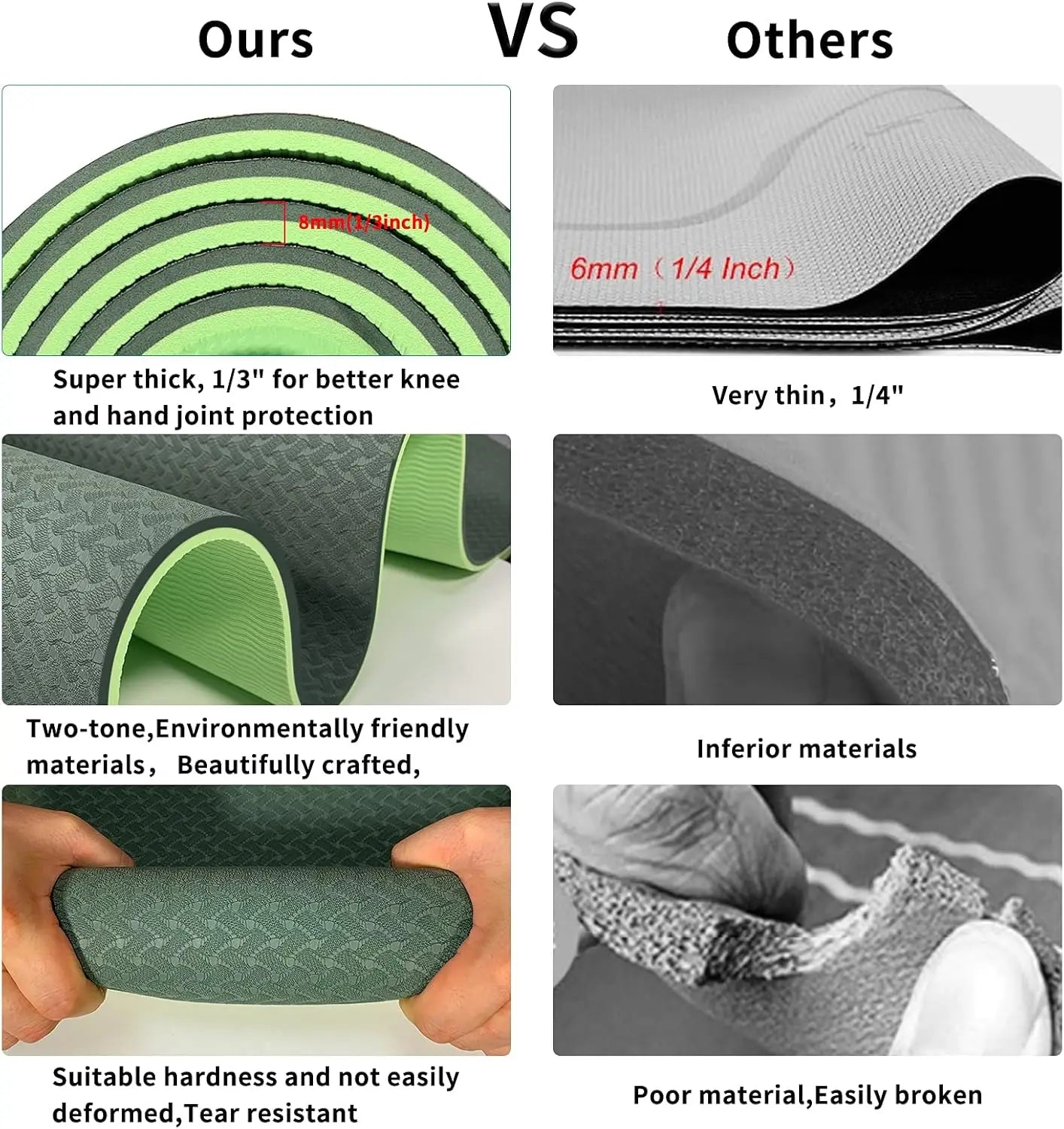 Yoga Mat 1/3 inch  Exercise Mats 8mm TPE Non-Slip Extra Thick High-Density