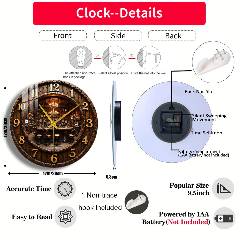 Tempered Glass Wall Clock Wooden Clock with Pub Interior Suitable For Wall Decor or Tabletop Display Anywhere