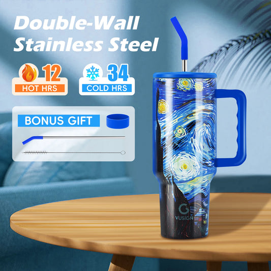 Stainless Steel Tumbler with Straw 40 fl oz,Starry Night