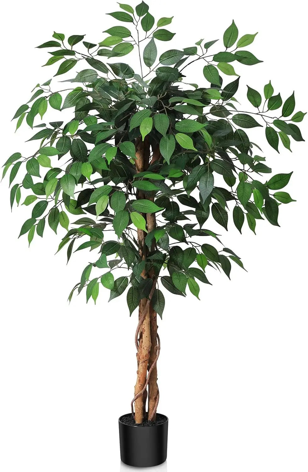 4ft Artificial Ficus Tree with Natural Wood Trunk in Plastic Pot, Silk Fake Plant for Home Office