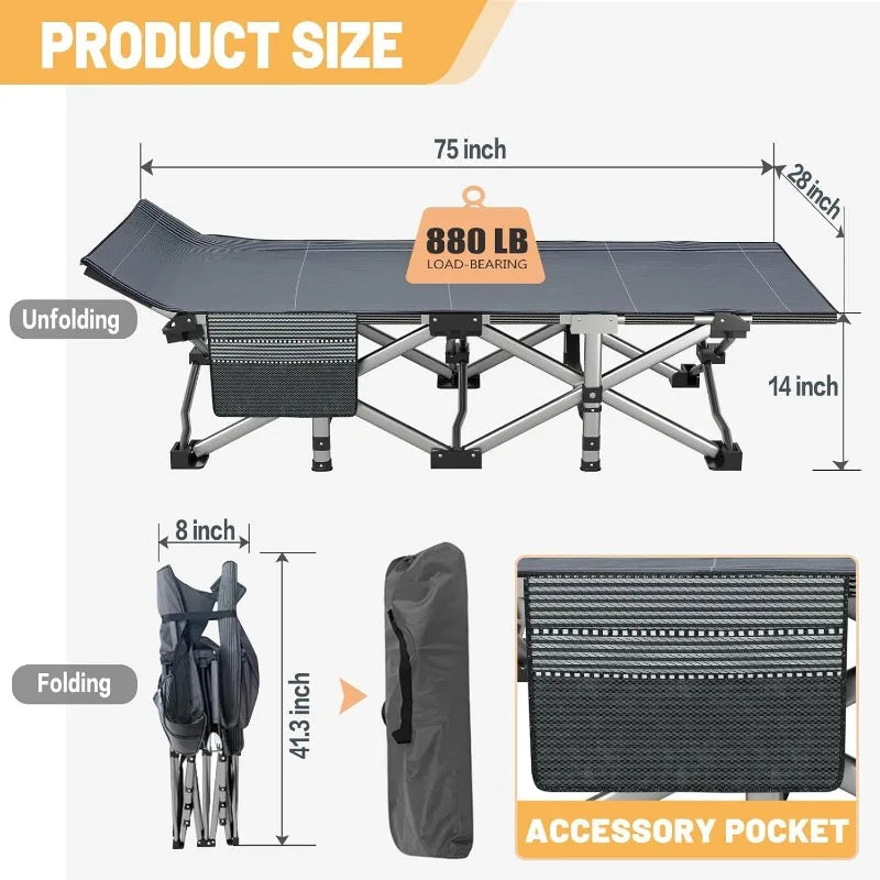 Folding Camping Cot with Mattress, 2 Pack Heavy Duty