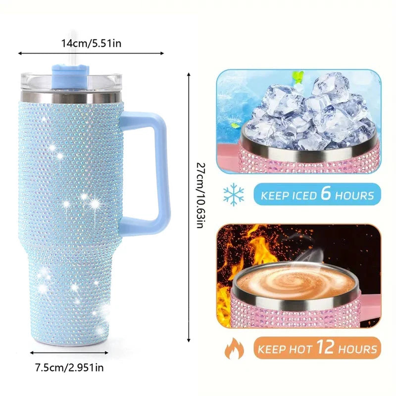 Sparkling Studded Tumbler With Lid, 40oz Stainless Steel Insulated Water Bottle