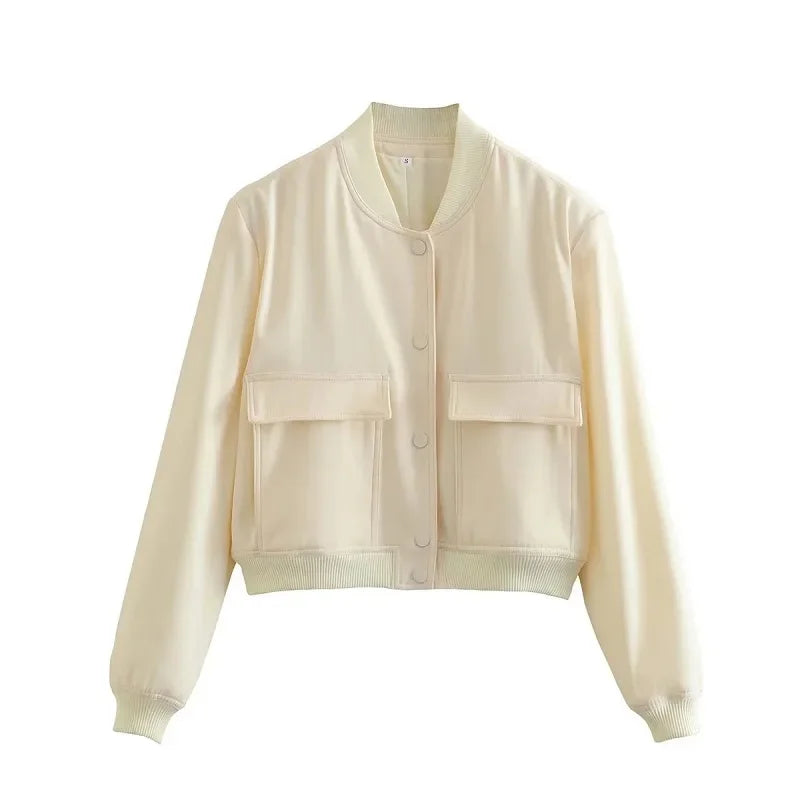 Woman Bomber Jacket Coat White Autumn Winter Button Baseball Aviator