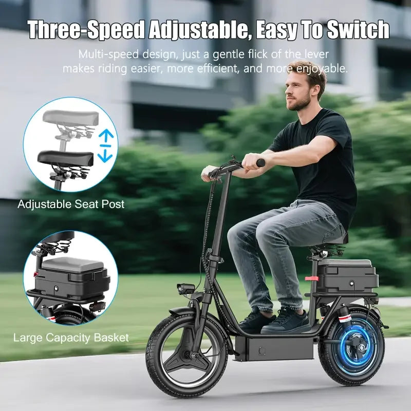 Folding electric scooter with trunk, 500W motor (peak 650W), 48V15AH, 20MPH, 24-32mile range,