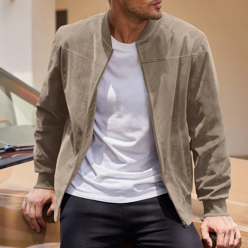 Men's suede nap fabric casual jacket Round neck zipper Solid color Sport Bomber Jacket