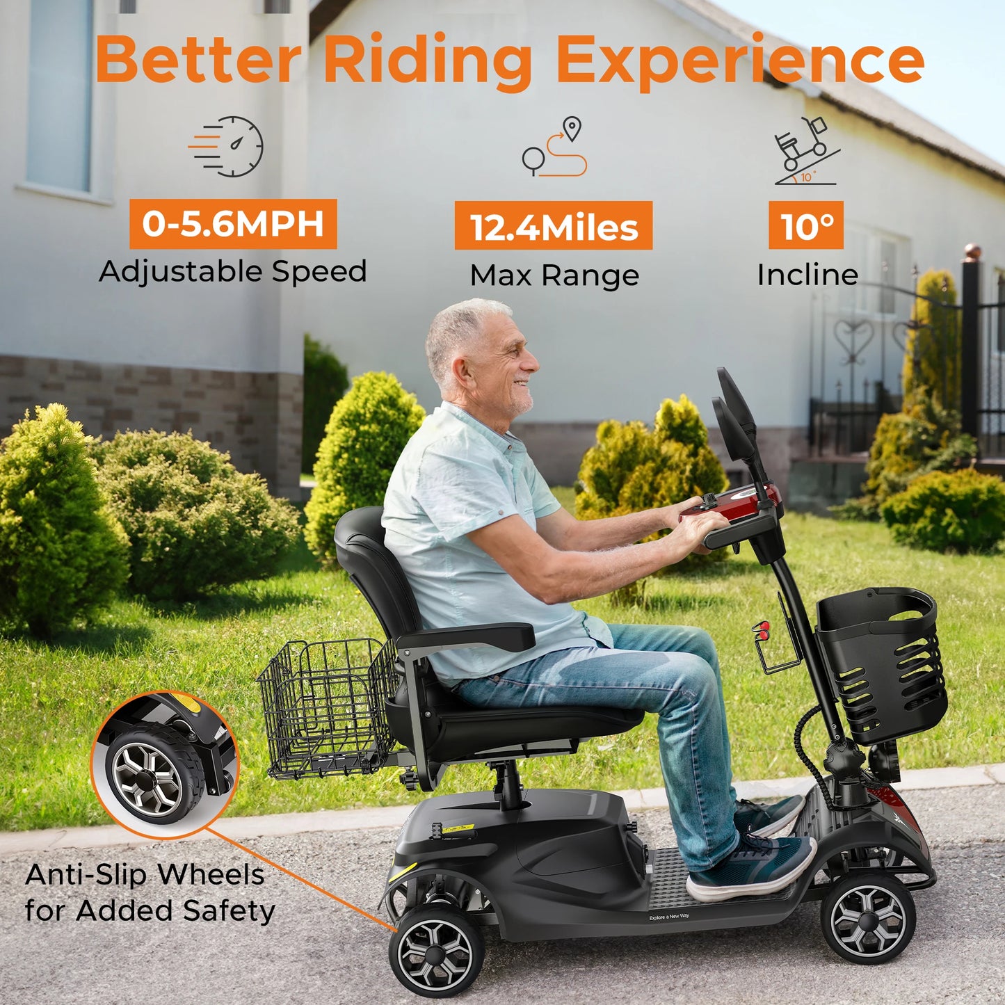4-Wheel Mobility Scooter, 250W Motor, 5.6MPH, 24V 12Ah Battery, Dual Baskets, Foldable, Easy Control, Outdoor & Daily Use