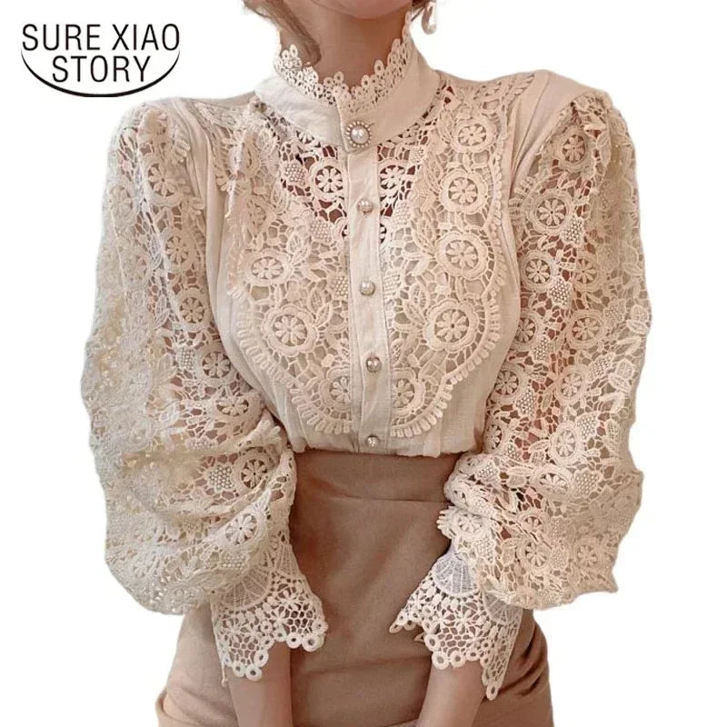 Shirt Women Blusas Mujer De Moda Office Lady Flower Blouse Spring Hollow Out Lace