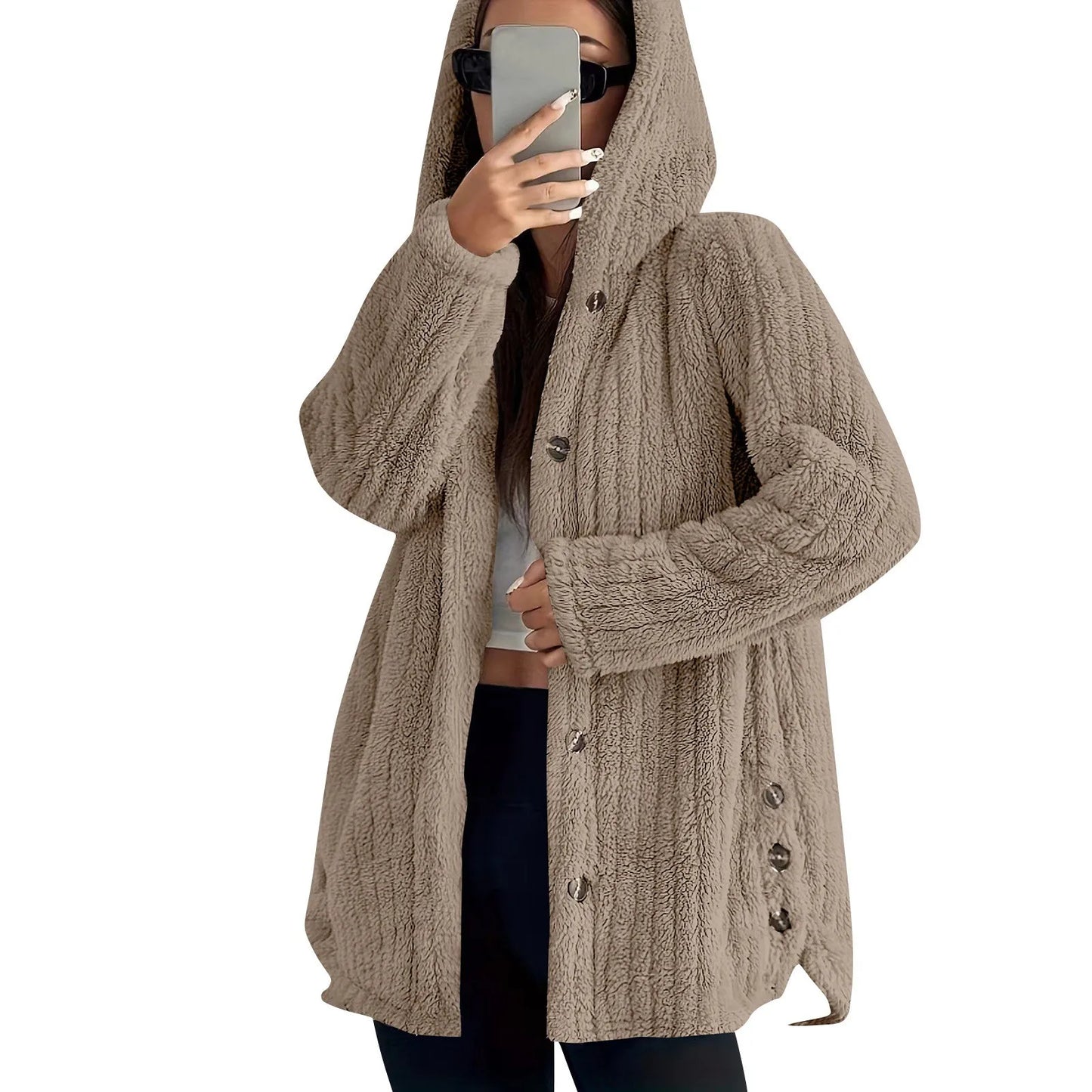 Button Hooded Jacket Plush Top Irregular Trendy Brand Solid Color Jacket For Women
