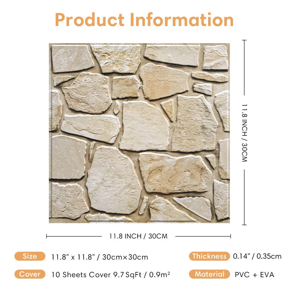 Easy to Install, 30 x 30 cm, 10 pcs, 3D PVC Faux Stone Waterproof Wall Panel, Adhesive Wallpaper, Living room, Wall Decoration