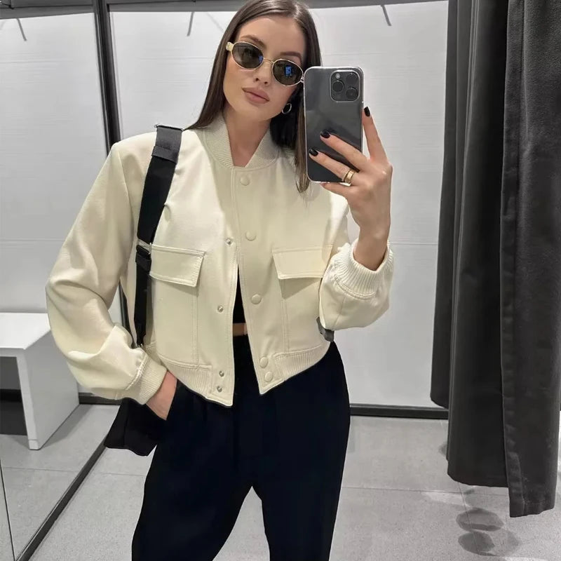 Woman Bomber Jacket Coat White Autumn Winter Button Baseball Aviator