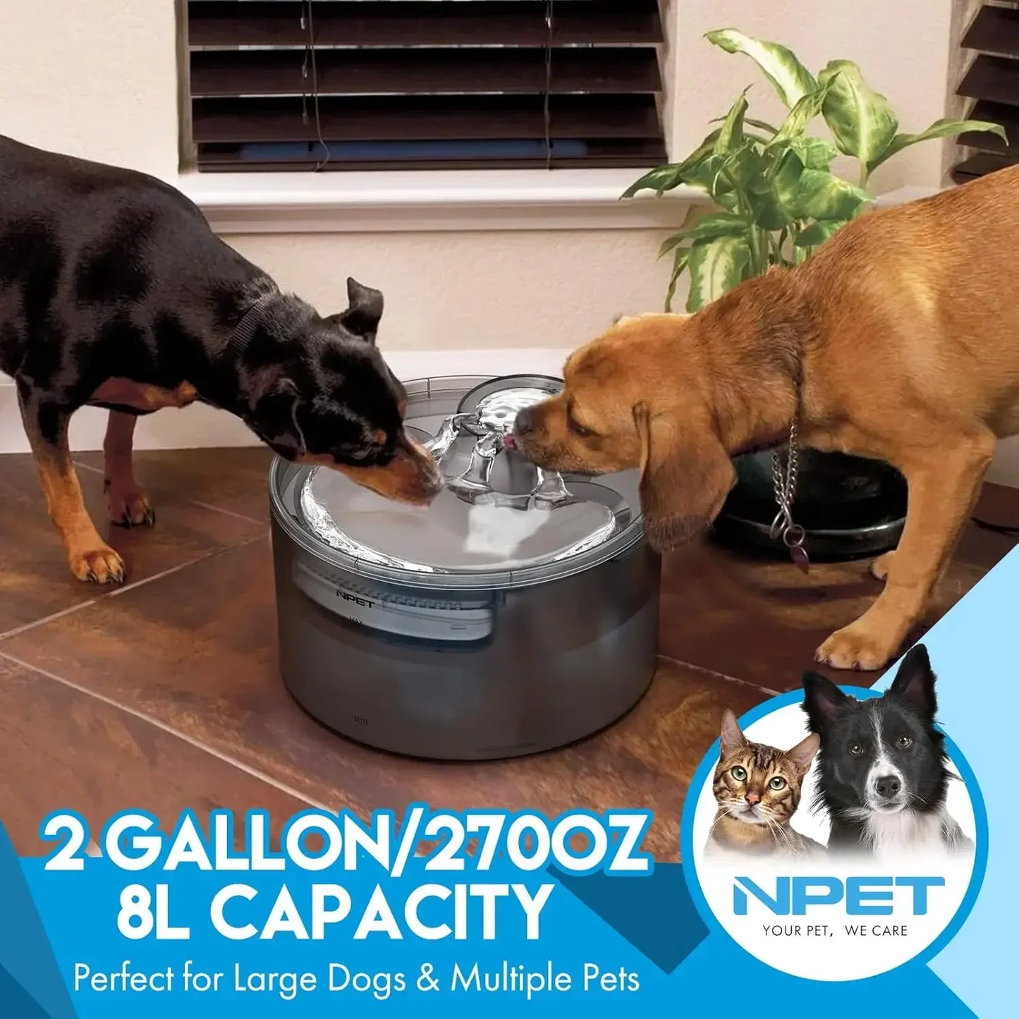 Dog Water Fountain, 2 Gallon/270oz/8L Large Automatic Dog Water Dispenser with Splatter Guard