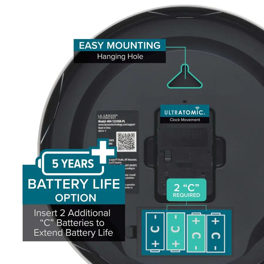 UltrAtomic 14 inch Stainless Steel Wall Clock, Shatterproof Lens, Silver