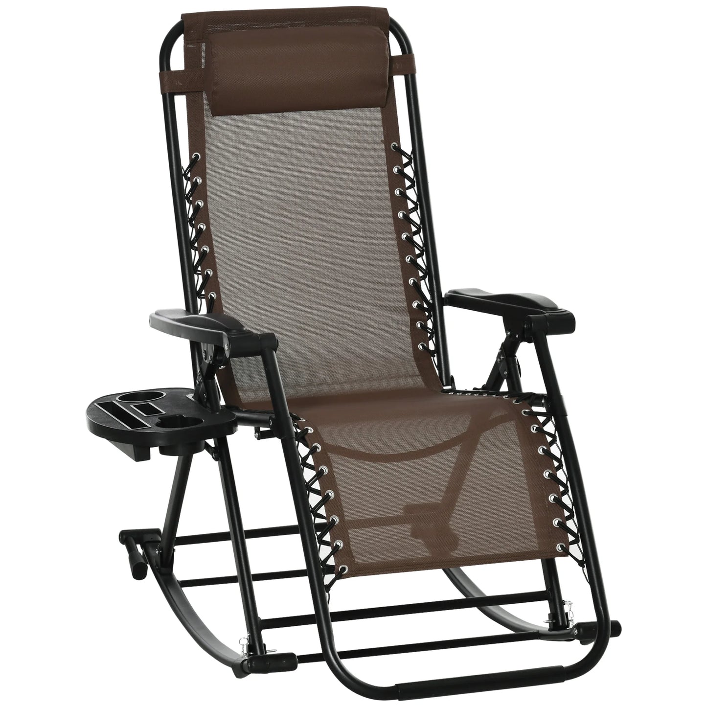 Zero Gravity Reclining Rocking Chair, Folding Lounge, Pillow, Cup Holder, Brown