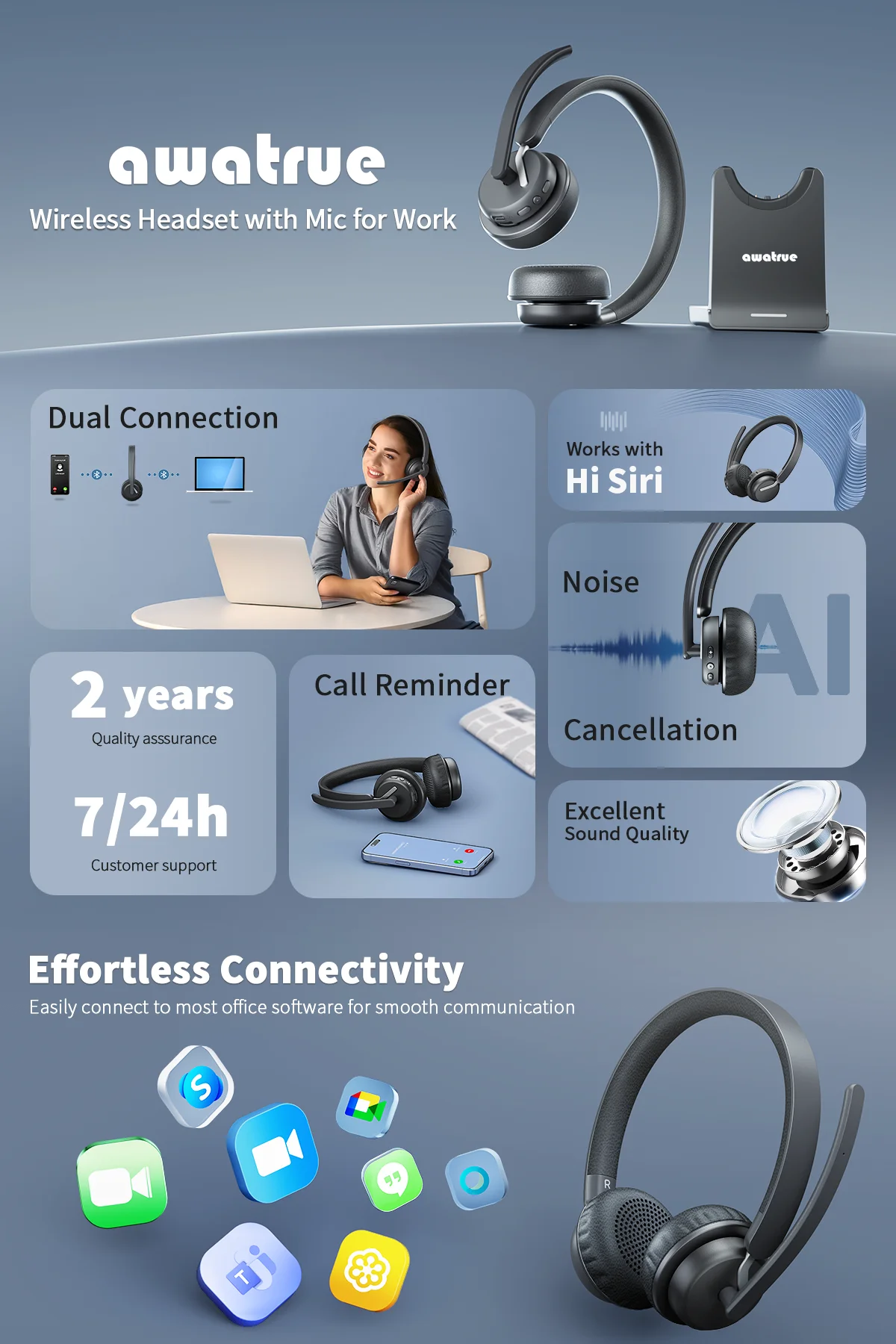 Wireless Headset Work Bluetooth 5.3 Headset AI Noise Cancelling Mic Call Reminder