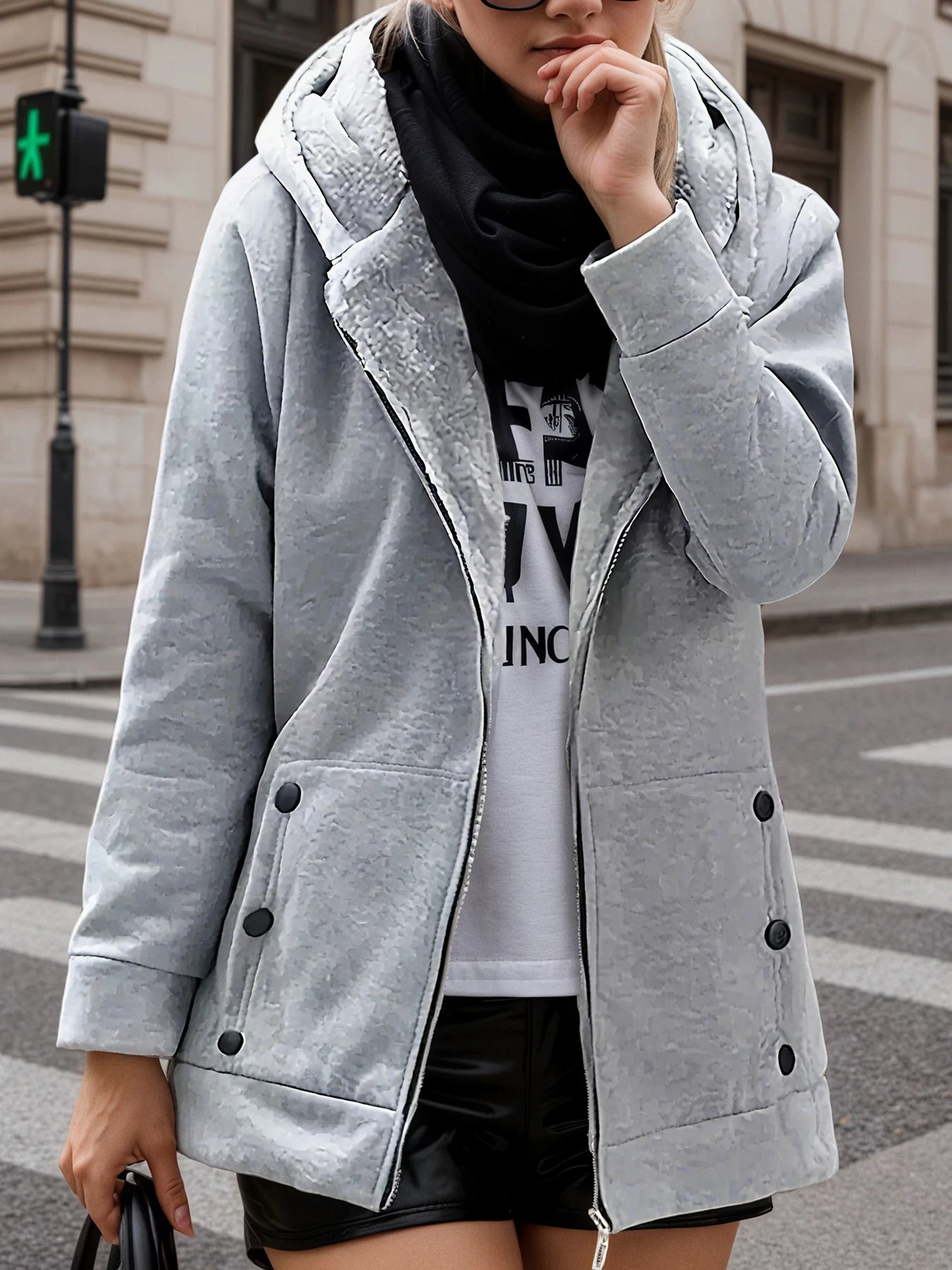 2025 New Solid Color Long-Sleeved Zippered Fleece Hooded Jacket for Women,