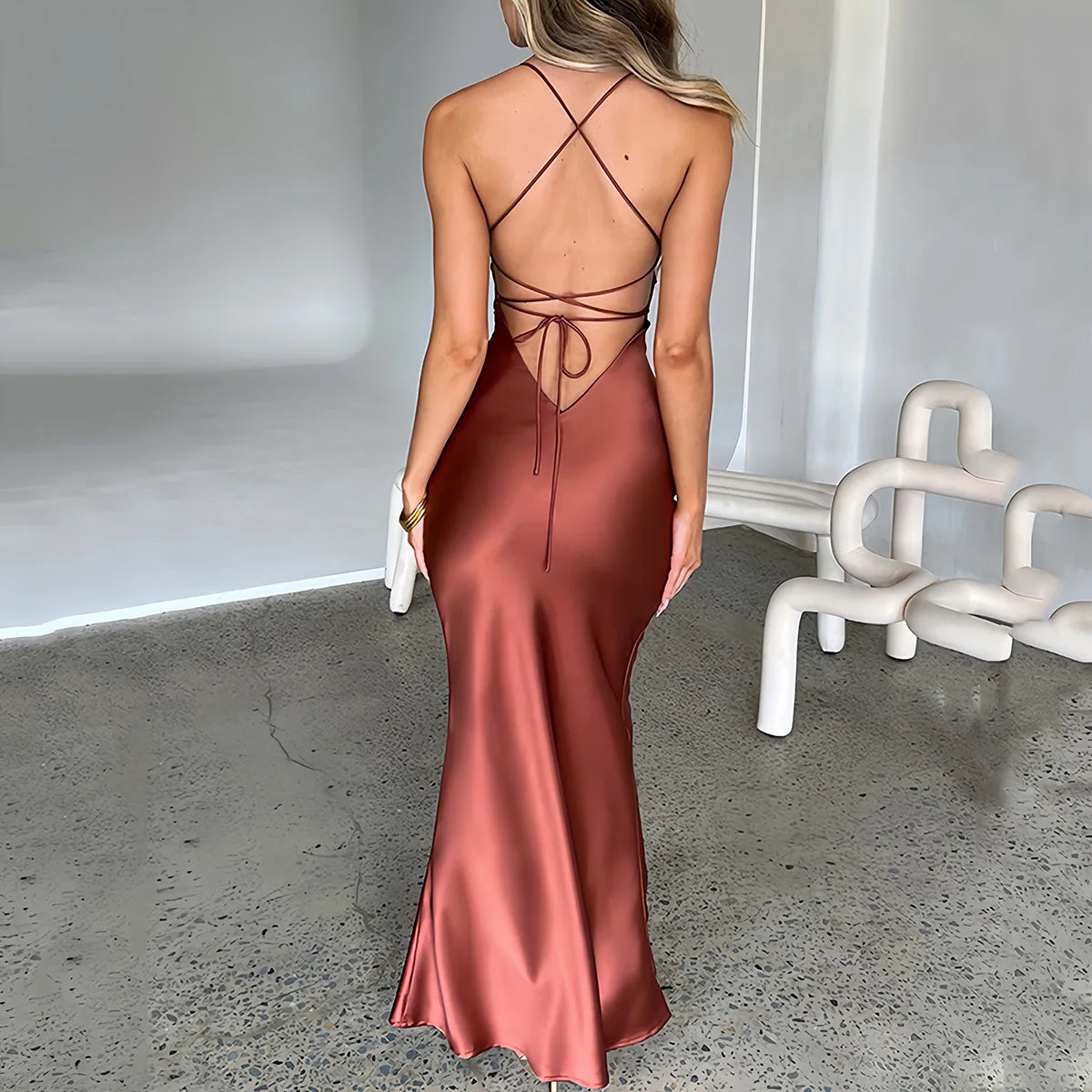 Sexy Satin Backless Lace Up Mermaid Slip Dress Women Sweetheart Neck Sexy Slim Bodycon Dresses