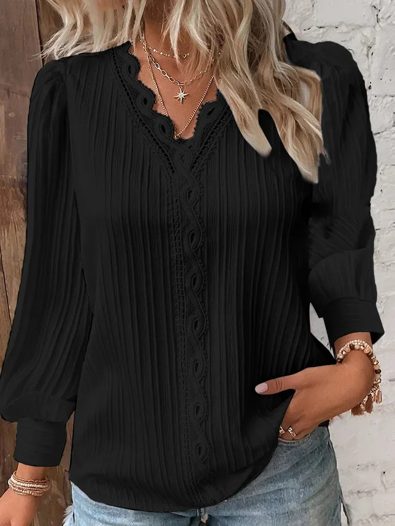 Elegant Summer Hollow Lace Patchwork Women Shirt Chic Blouse V Neck Long Sleeve Shirt