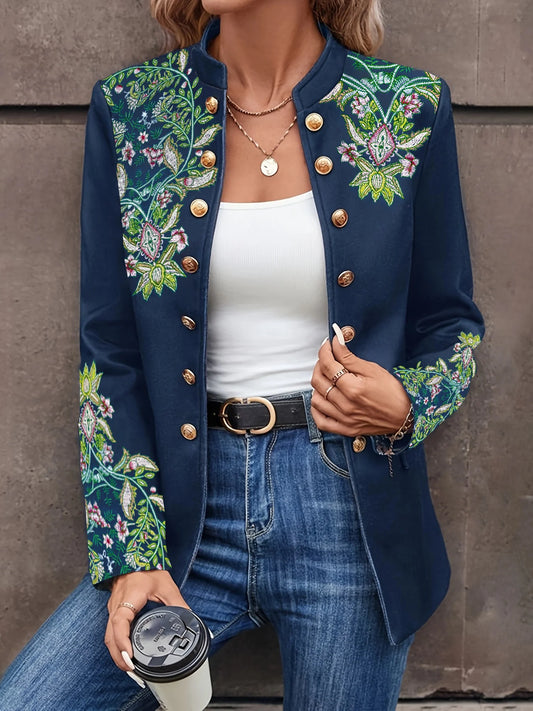 Fashionable and elegant retro small stand collar floral embroidery double-breasted women's long-sleeved jacke