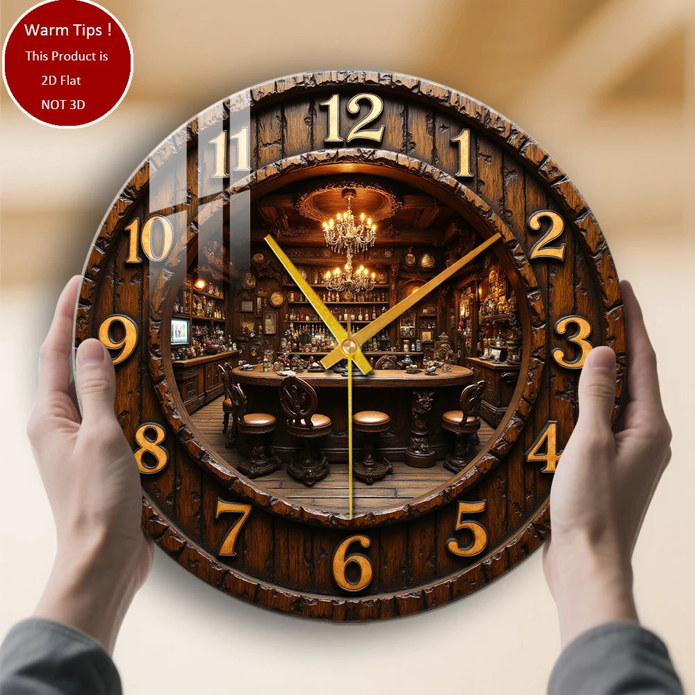 Tempered Glass Wall Clock Wooden Clock with Pub Interior Suitable For Wall Decor or Tabletop Display Anywhere
