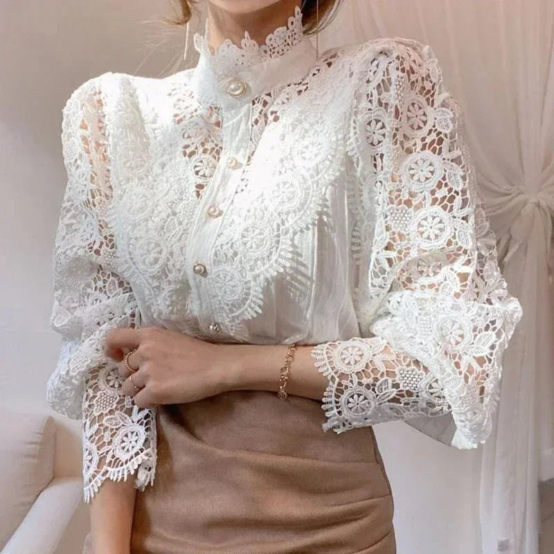 Shirt Women Blusas Mujer De Moda Office Lady Flower Blouse Spring Hollow Out Lace