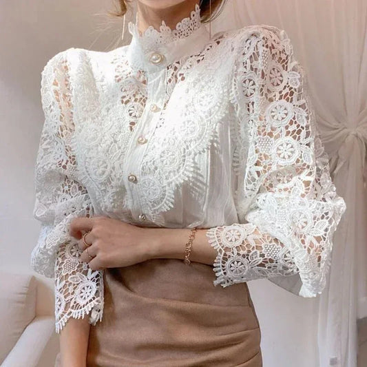 Shirt Women Blusas Mujer De Moda Office Lady Flower Blouse Spring Hollow Out Lace