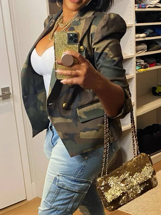 Camouflage Printed Double Breasted Jacket, Casual Long Sleeved Lapel Open Top