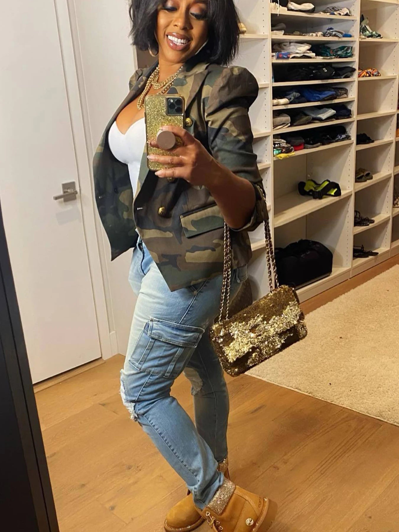 Camouflage Printed Double Breasted Jacket, Casual Long Sleeved Lapel Open Top