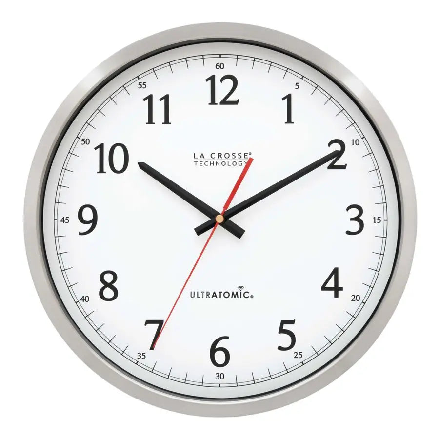 UltrAtomic 14 inch Stainless Steel Wall Clock, Shatterproof Lens, Silver