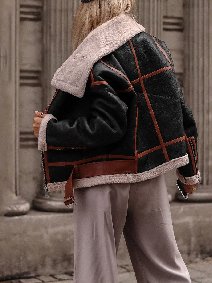 Women Motorcycle Jacket Casual Patchwork Long Sleeve Zipper Cardigan