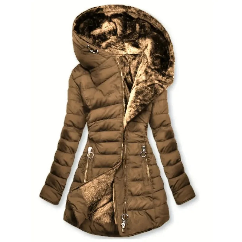 Long Sleeve Coat Solid Women's Winter Jacket with Plush Lining Hooded Outerwear