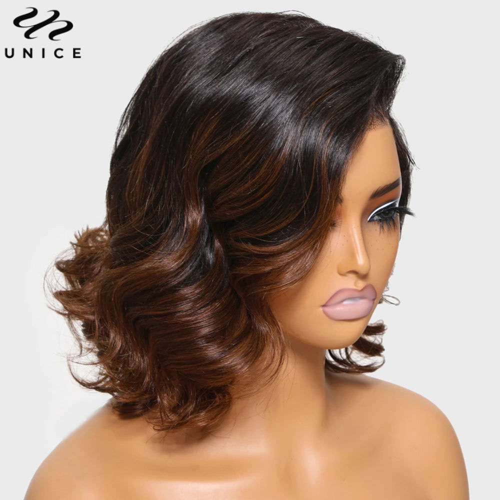 Hair Ombre Brown Spiral Curls Wavy Bob Wig 13x4 Human Hair Lace Frontal Wig