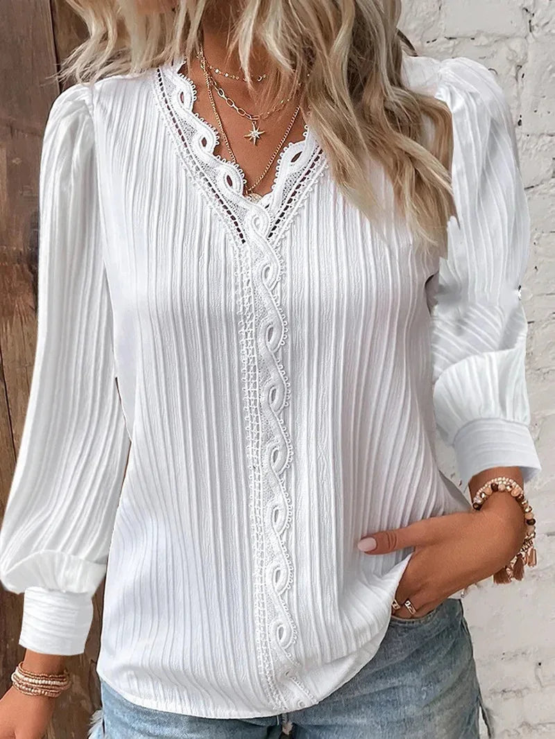 Elegant Summer Hollow Lace Patchwork Women Shirt Chic Blouse V Neck Long Sleeve Shirt
