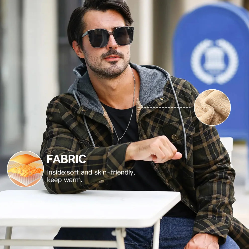 Men's Jackets Winter Hooded Warm Coat Casual Thicken Plaid Work Flannel