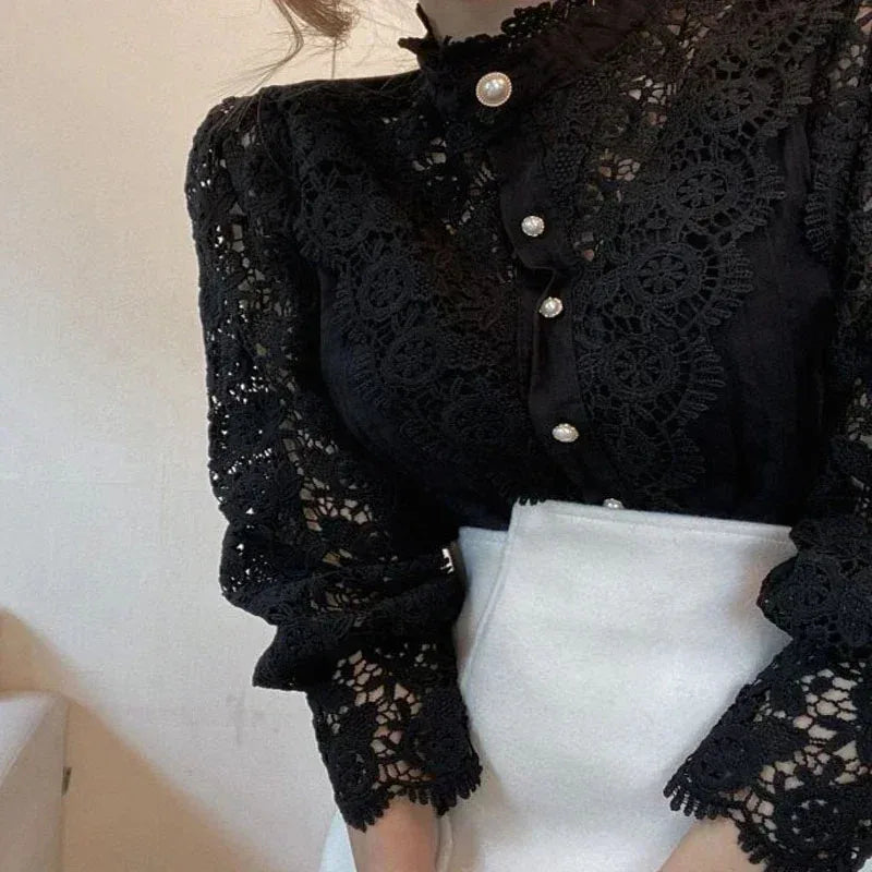 Shirt Women Blusas Mujer De Moda Office Lady Flower Blouse Spring Hollow Out Lace
