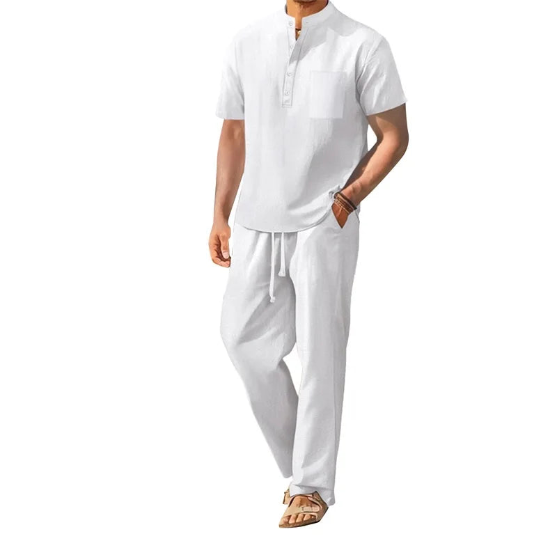 Men s Casual 2 Piece Outfit Short Sleeve Henley Tops