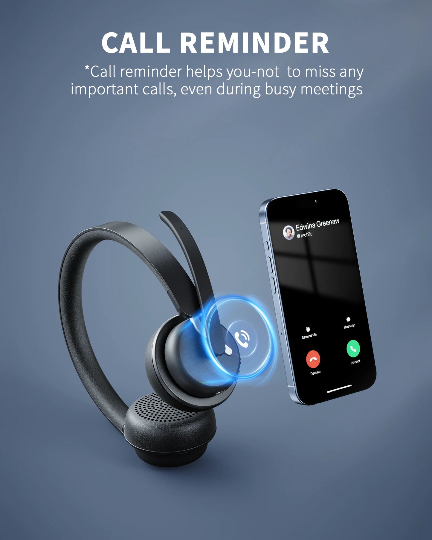 Wireless Headset Work Bluetooth 5.3 Headset AI Noise Cancelling Mic Call Reminder