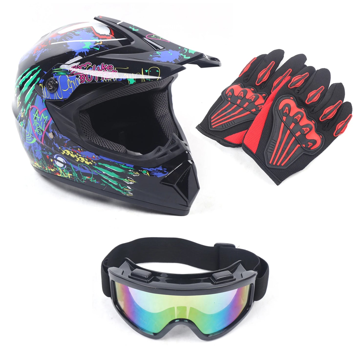 L Size Motorcycle Helmet Set DOT Standard Adult Full Face Helmet with Goggle & Gloves