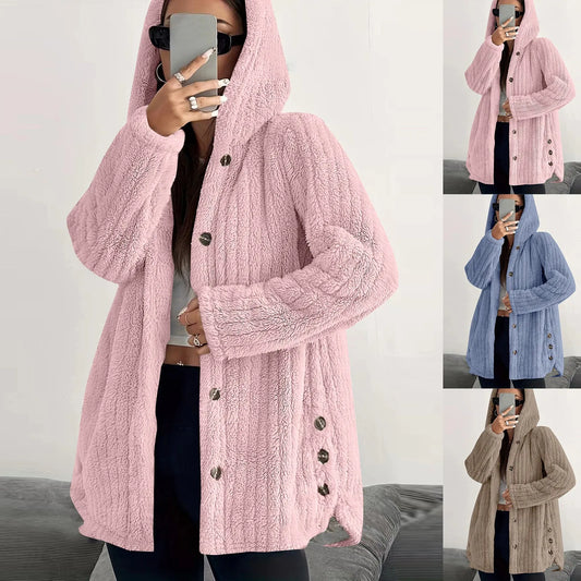 Button Hooded Jacket Plush Top Irregular Trendy Brand Solid Color Jacket For Women