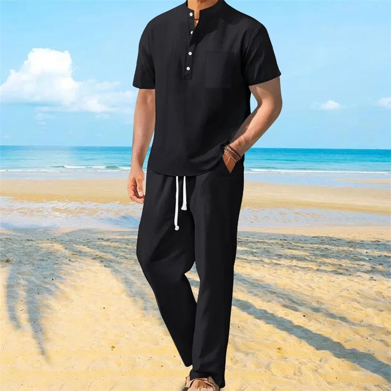 Men s Casual 2 Piece Outfit Short Sleeve Henley Tops