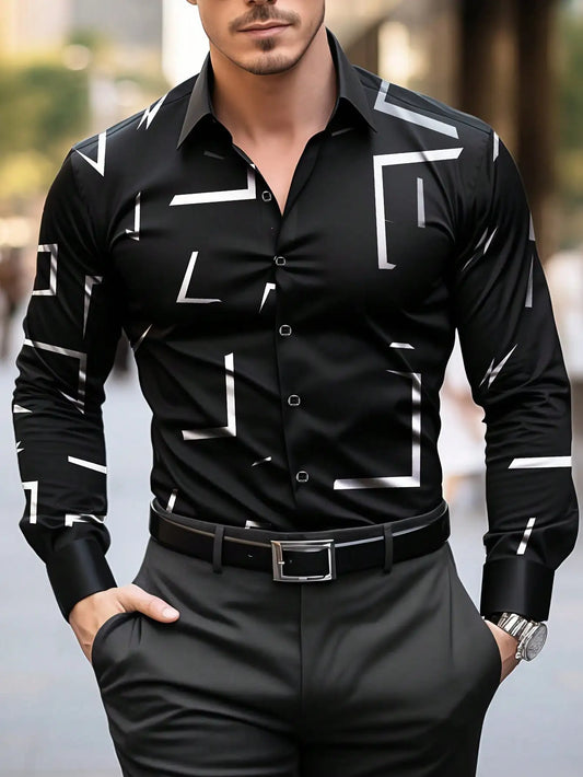 Men's Black Long Sleeve Button-Down Shirt with Geometric Print, Formal & Casual Wear