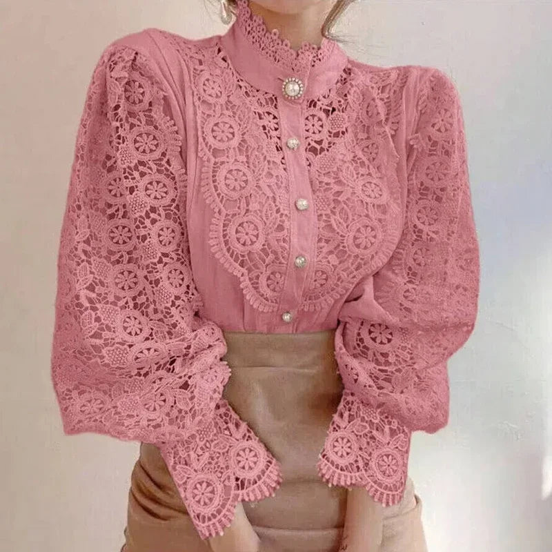 Shirt Women Blusas Mujer De Moda Office Lady Flower Blouse Spring Hollow Out Lace