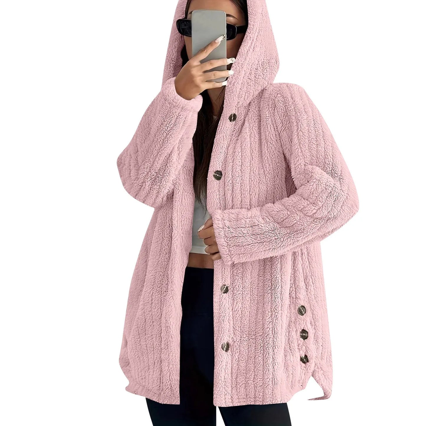 Button Hooded Jacket Plush Top Irregular Trendy Brand Solid Color Jacket For Women