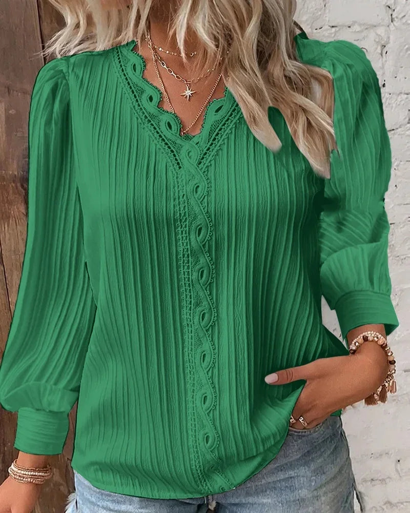 Elegant Summer Hollow Lace Patchwork Women Shirt Chic Blouse V Neck Long Sleeve Shirt