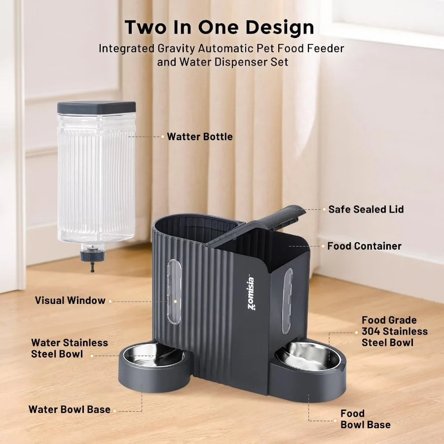 2 in 1 Automatic Gravity Cat Feeder and Water Dispenser with 304 Stainless Steel Bowls