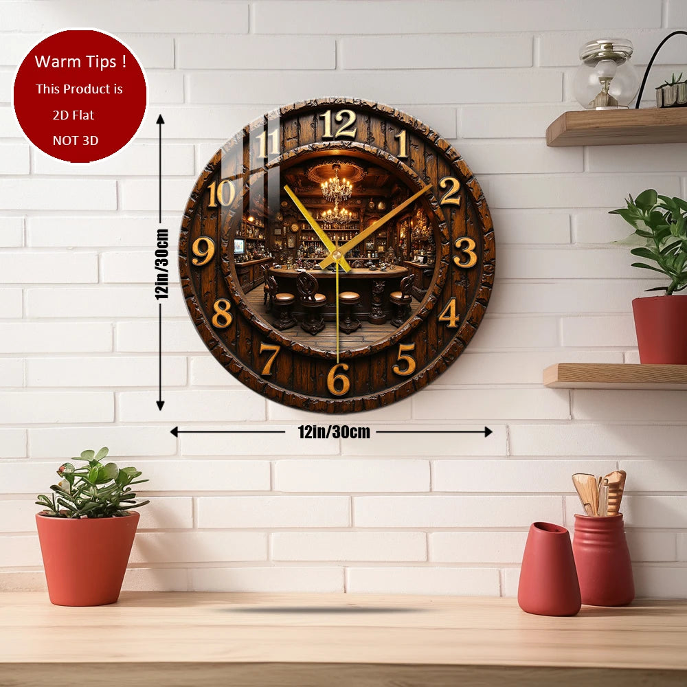 Tempered Glass Wall Clock Wooden Clock with Pub Interior Suitable For Wall Decor or Tabletop Display Anywhere